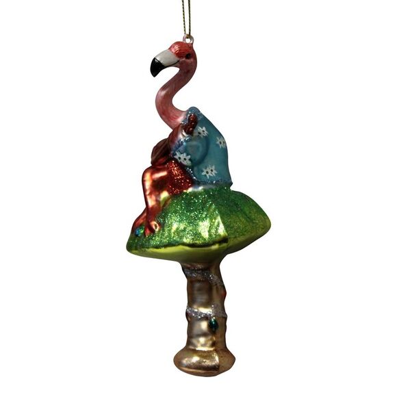 Pretty Pink Flamingo Playing Guitar on Palm Tree Glass Christmas Ornament - Picture 2 of 5